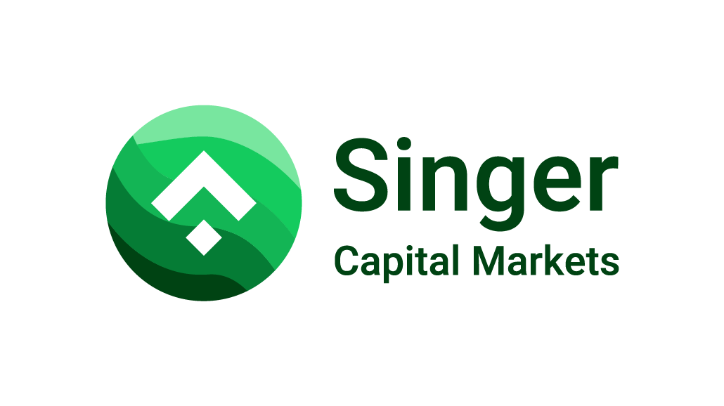 Singer Capital Markets in dark green with a sphere on the right hand side with an arrow icon and if